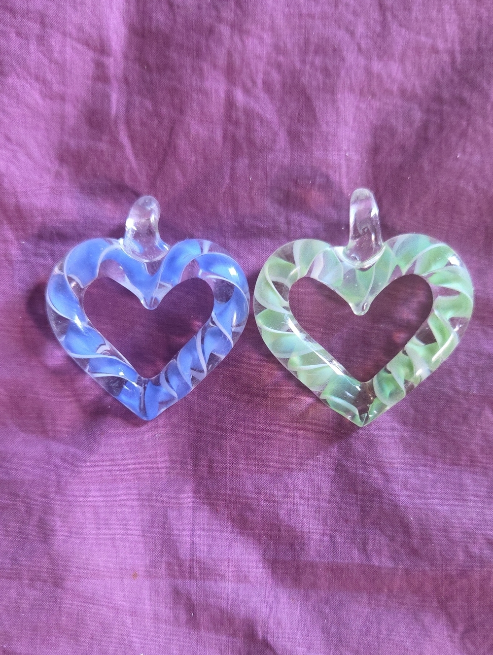 Two Handblown Glass Heart 2" Pendants - Blue and Green Swirl